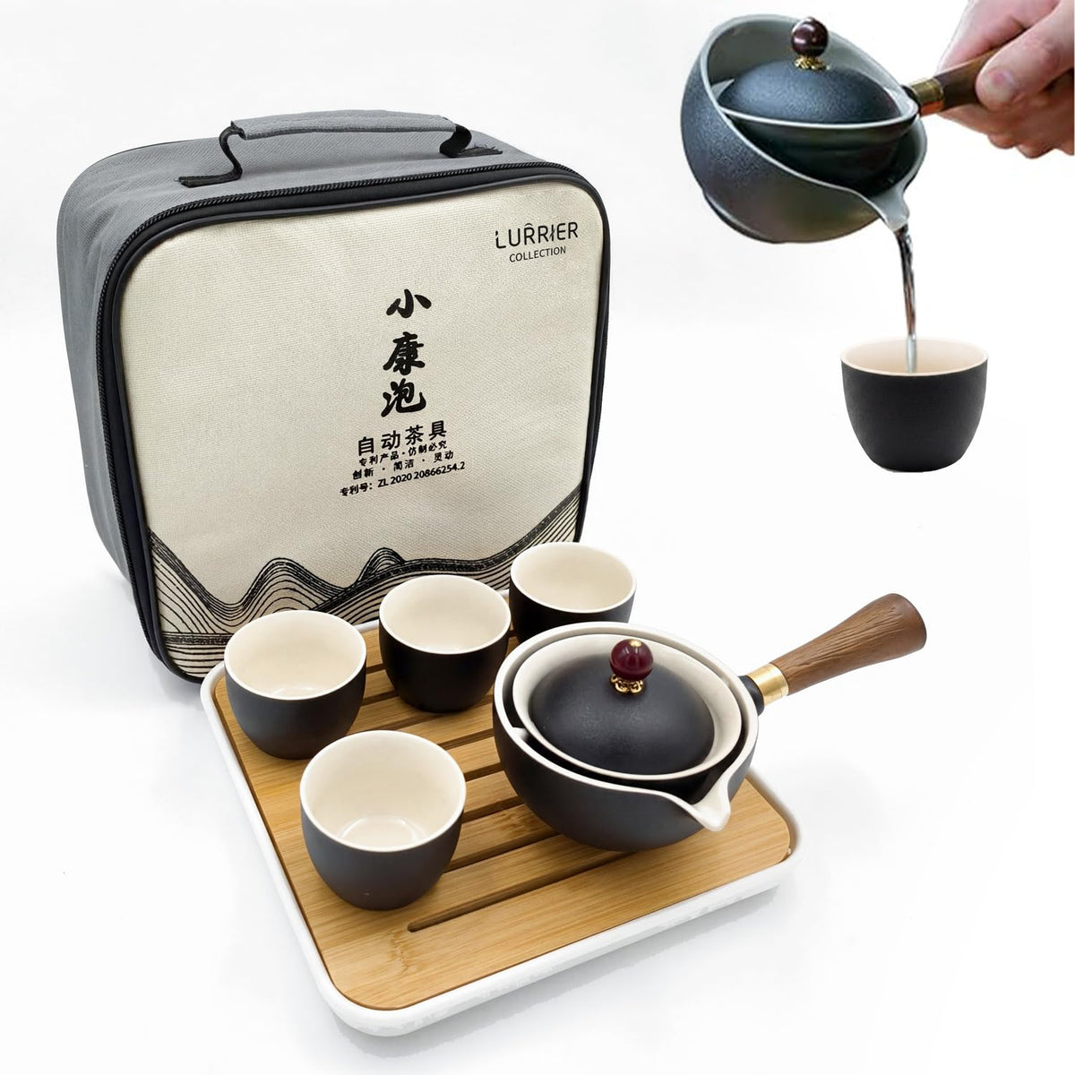 LURRIER Porcelain Chinese Gongfu Tea Set,Portable Teapot Set with 360 Rotation Tea maker and Infuser,Portable All in One Gift Bag for Travel,Home,Gifting,Outdoor and Office (Kitty Cat)