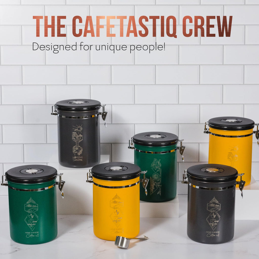 CafetastiQ Coffee Canister – Airtight Stainless Steel Storage Container with Date Tracker & Scoop, Sealed Jar for Grounds, Beans, Tea, Flour, Cereal, and Sugar (Black Esspresso, 22OZ)