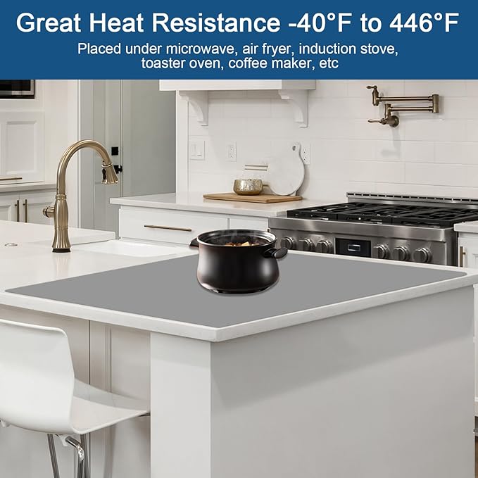 23.6"x15.7" Silicone Mats for Kitchen Counter, Non-Slip Heat Resistant Countertop Protector, Waterproof Silicone Craft Mat for Kitchen Island, Dark Gray