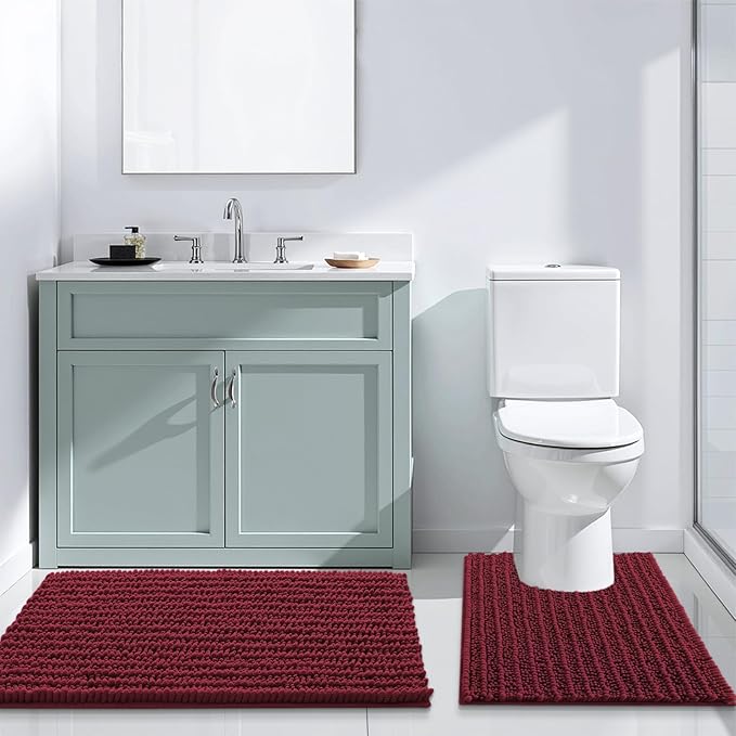 Arotive Luxury Chenille Bathroom Rug Mat, Extra Soft Thick Absorbent Shaggy Bath Rugs, Non-Slip Machine Wash Dry, Plush Bath Mats for Bathroom, Shower and Tub, 47x24, Burgundy