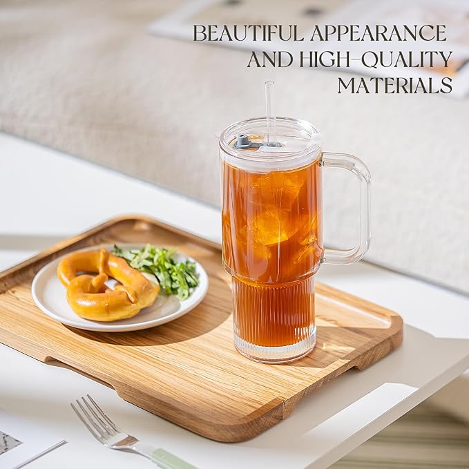 KEMORELA 2-Pack 26oz Ribbed Glass Tumblers with Handle and Lid – Large Aesthetic Iced Coffee Cups with Straws, Modern Textured Glass Mugs for Smoothies, Tea, Juice & Cold Beverages, Dishwasher Safe