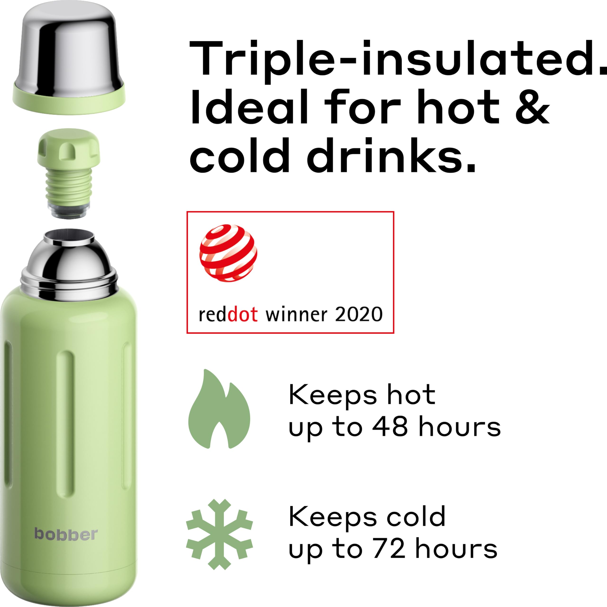 BOBBER 34 oz / 1 Liter Stainless Steel Travel Thermo Flask for Hot and Cold Drinks – Dishwasher Safe Metal Water Bottle with Cup Lid – Keeps Hot for 48 Hours – BPA-Free, Vacuum Insulated (Mint Cooler)