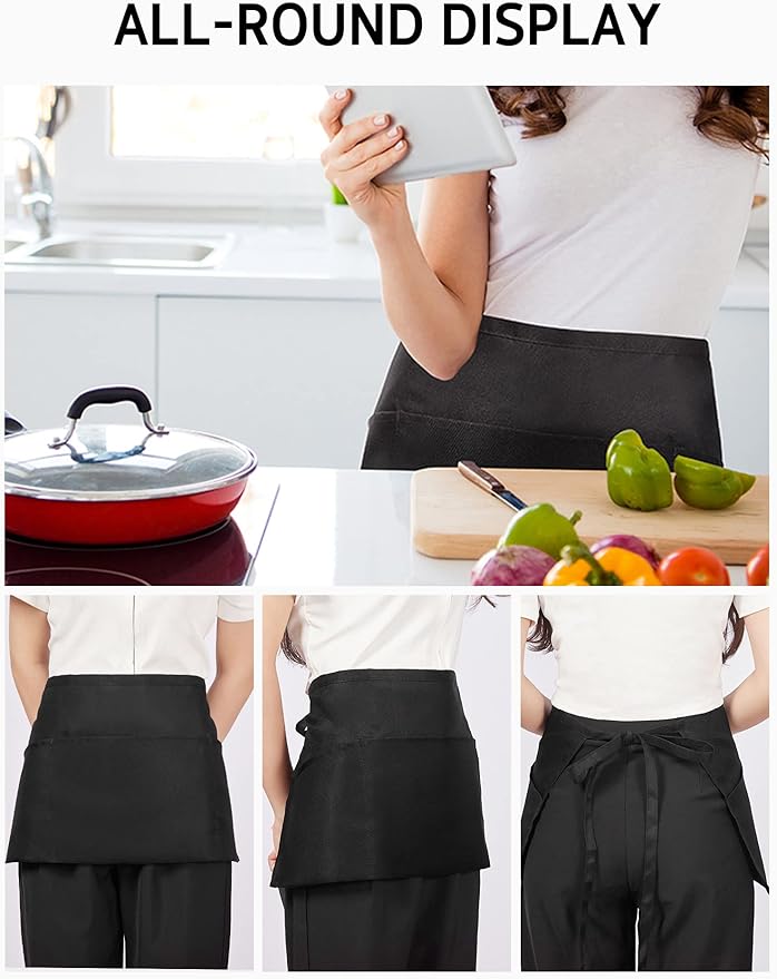 Syntus 12 Pack Server Apron with 3 Pockets, Waterdrop Resistant Waitress Waiter Waist Apron, 11.5-inch Black
