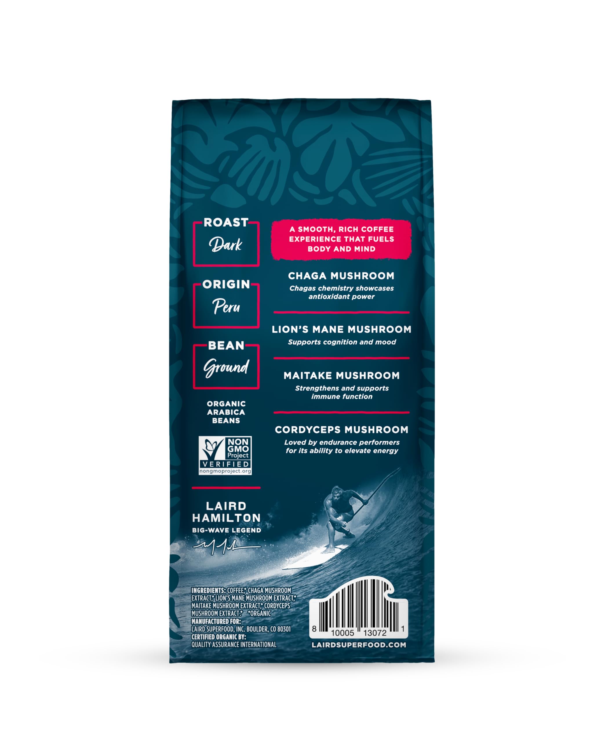 Laird Superfood Peruvian Dark Roast Coffee with Functional Mushrooms, Certified Organic Peruvian Ground Coffee Beans, Gluten-Free, Dairy-Free, Non-GMO, Paleo, Keto Friendly, 12 oz. Bag