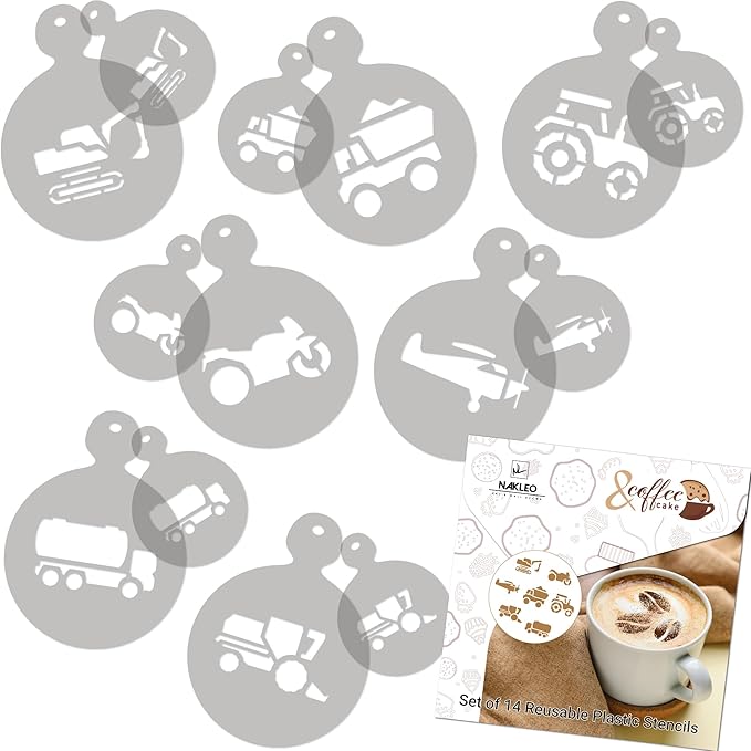 NAKLEO Coffee Stencils and Cookies Decoration 14Pcs 2.8”x2.8” and 4.3”x4.3”, Reusable Plastic Baking Templates, Barista DIY Art Craft, Capuccino Latte Chocolate Cake Biscuit