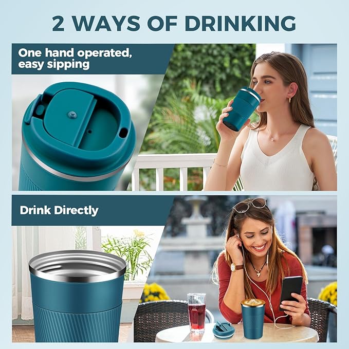 Volhoply 13 oz Stainless Steel Insulated Travel Coffee Mug with Fip Lid Bulk 8 Pack,Reusable Double Wall Vacuum Metal Coffee Cup,Portable Leak Proof Thermal Tumbler for Hot & Cold Drinks(Assorted,8)