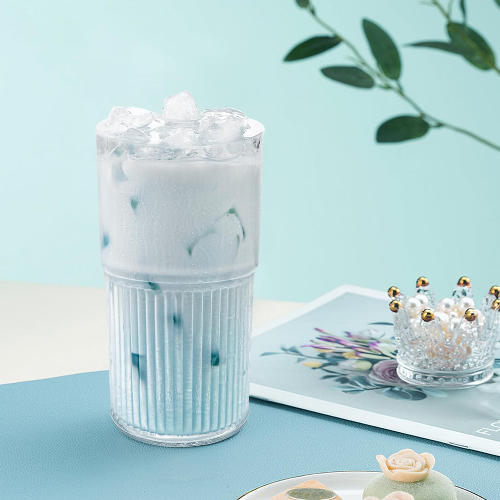 Luiaiog 18.5oz Glass Cups with Lids and Straws - Set of 4 Reusable Tumblers, Thickened Shatter-Resistant Glass, Ideal for Iced Coffee, Smoothies, Cocktails, Juices - Elegant & Durable Drinkware