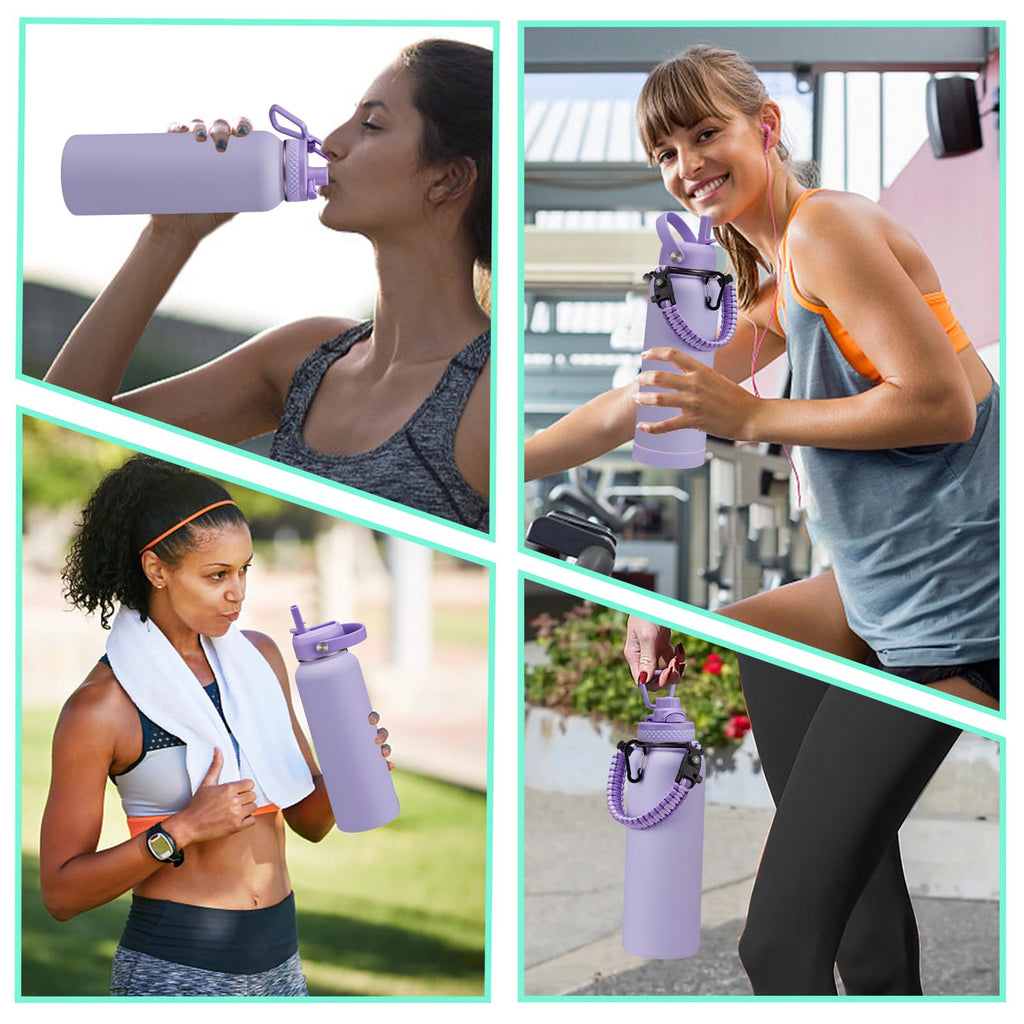 40 oz Water Bottle with Straw - Insulated Vacuum Water Flask with Straw & Auto Spout Lid, Paracord Handle & Carrying Pouch, Keep Cold 48H Hot 24H, Sweat-Proof Thermal Water Jug with Strap for Hiking