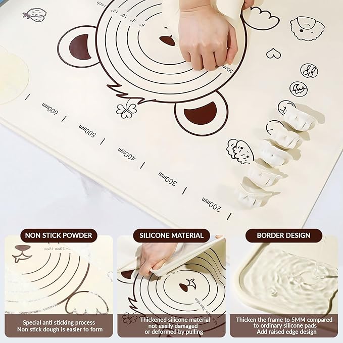 Little Bear Pastry Mat Set:Silicone Pastry Mat with Cake Scraper Rolling Pin Pastry Brush for Baking (standard, count, 3)