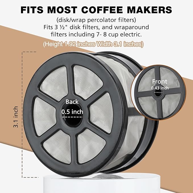 Reusable Coffee Filters 7-8 Cup for Percolator Coffee Pot Electric, Replaces Paper Coffee Filters, BPA Free - Disk/Wraparound Percolator Coffee Filters