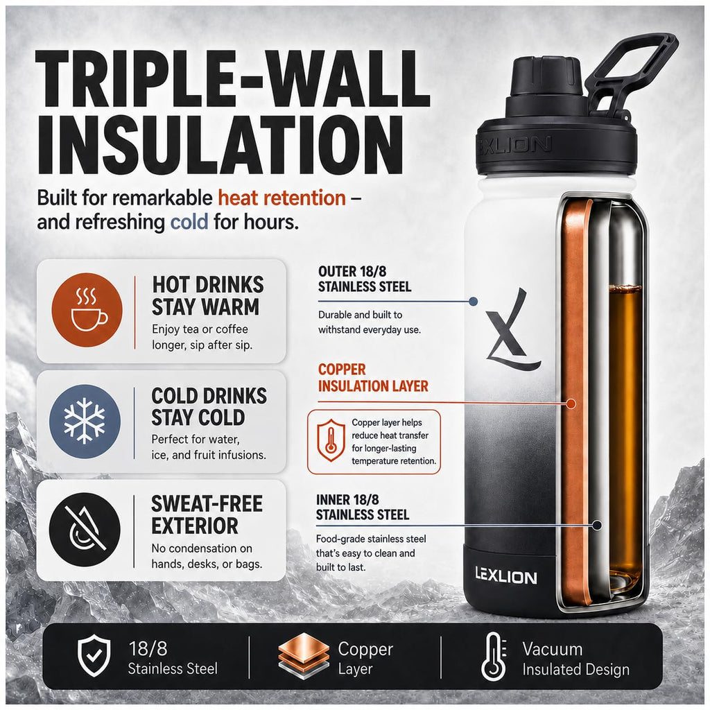 Lexlion Tea Infuser Water Bottle 32 Oz – Triple Wall Insulated Stainless Steel, Loose Leaf & Fruit Strainer, 3 Leakproof Lids, BPA-Free Silicone Sleeve, Reusable Thermal Mug