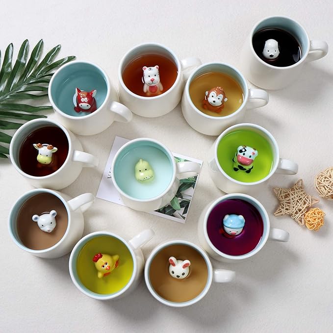 Green Dinosaur Ceramic Cup Hidden 3D Animal Inside Mug,12 oz Cute Cartoon Handmade Figurine Mugs,Christmas Birthday Surprise for Friends Family or Kids (Green Dinosaur)
