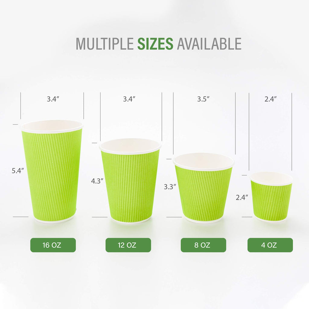 Restaurantware Ripple Wall Coffee Cups 25 Count 8 Ounce Insulated Eco Green Paper Cups, Rolled Rim Spill-Resistant Disposable Paper Non-Slip for Coffee, Beverages