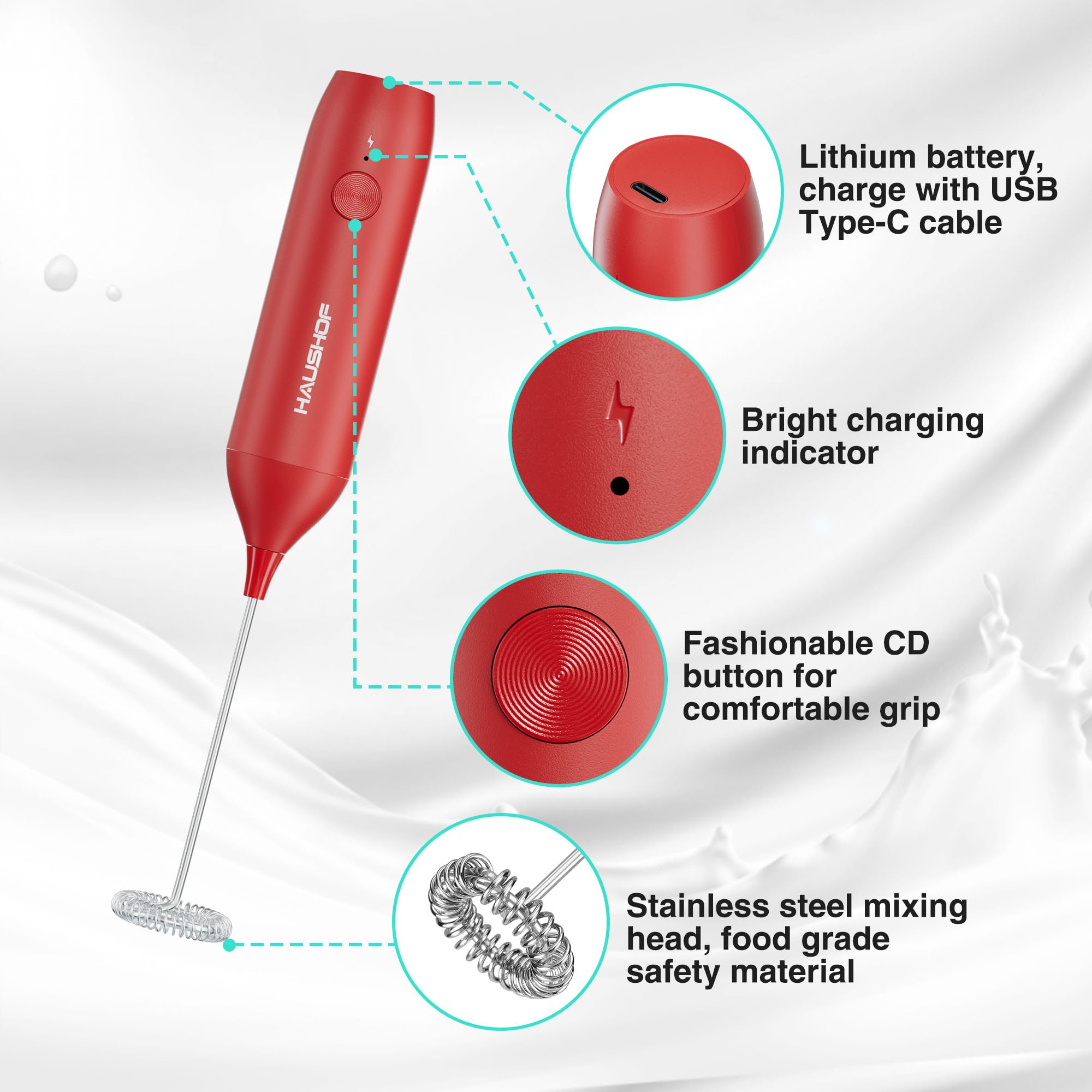 HAUSHOF Handheld Rechargeable Milk Frother Wand with Stand,Coffee Mixer