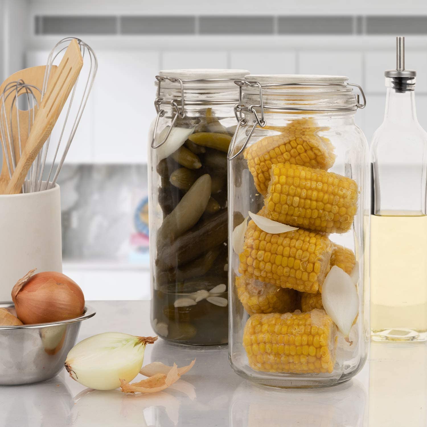 Marbelous Set of 3 Glass Mason Jar 64 Ounces with Airtight Lid Large Jars With Stainless Steel Bail And Trigger Clamps