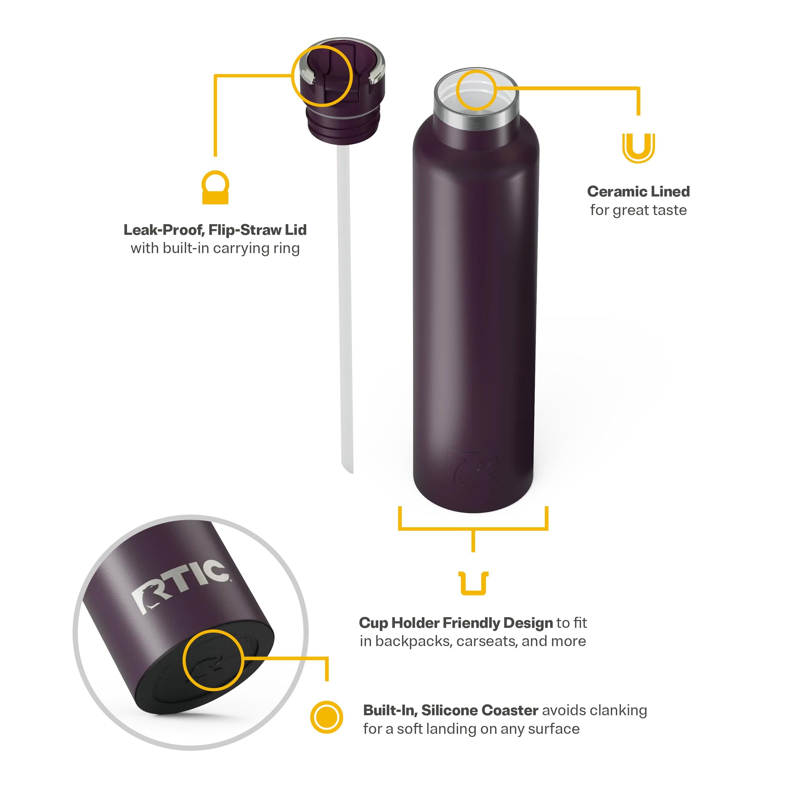 RTIC 26oz Journey Water Bottle Ceramic Lined Metal Stainless Steel Vacuum Insulated, BPA Free, Reusable, for Water, Hot and Cold Drinks, Travel, Sports, Camping, Plum