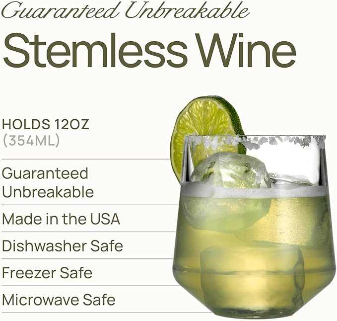 Drinique Unbreakable Stemless Wine Glasses (Set of 4) 12oz Tritan Plastic Stemless Glassware for Indoor or Outdoor Use - Purple