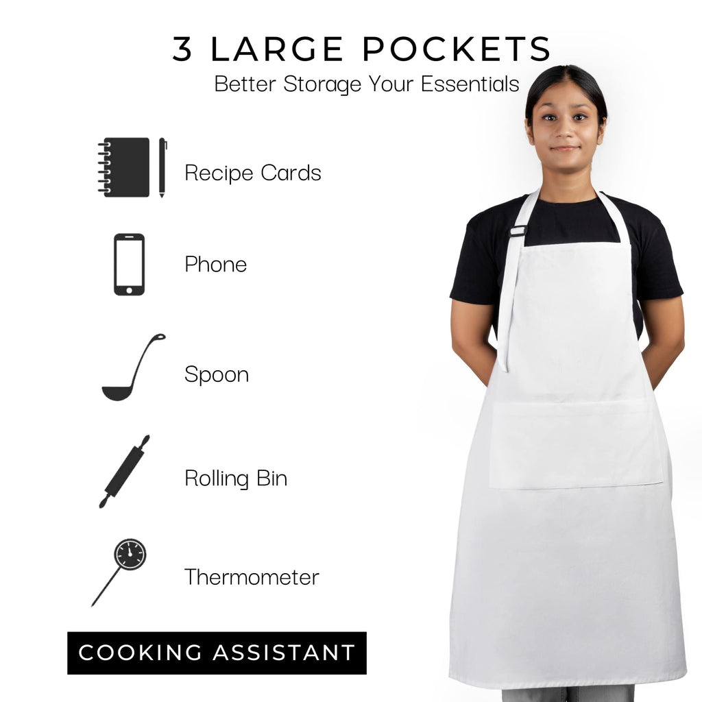 RAJRANG 100% Cotton White Apron with 3 Pockets Chef Restaurant Kitchen BBQ Backing Cooking Painting and Crafting Aprons Pack of 5