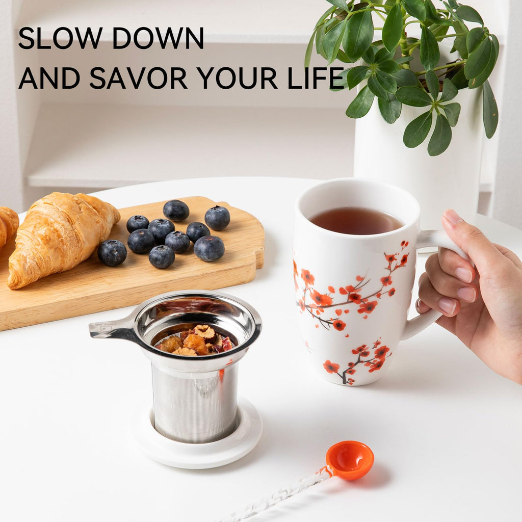 Sweejar Porcelain Tea Mug with Infuser and Lid,Teaware with Filter, Loose Leaf Tea Cup Steeper Maker, 16 Fl Oz for Tea/Coffee/Milk/Women/Office/Home/Gift (Plum Blossom)