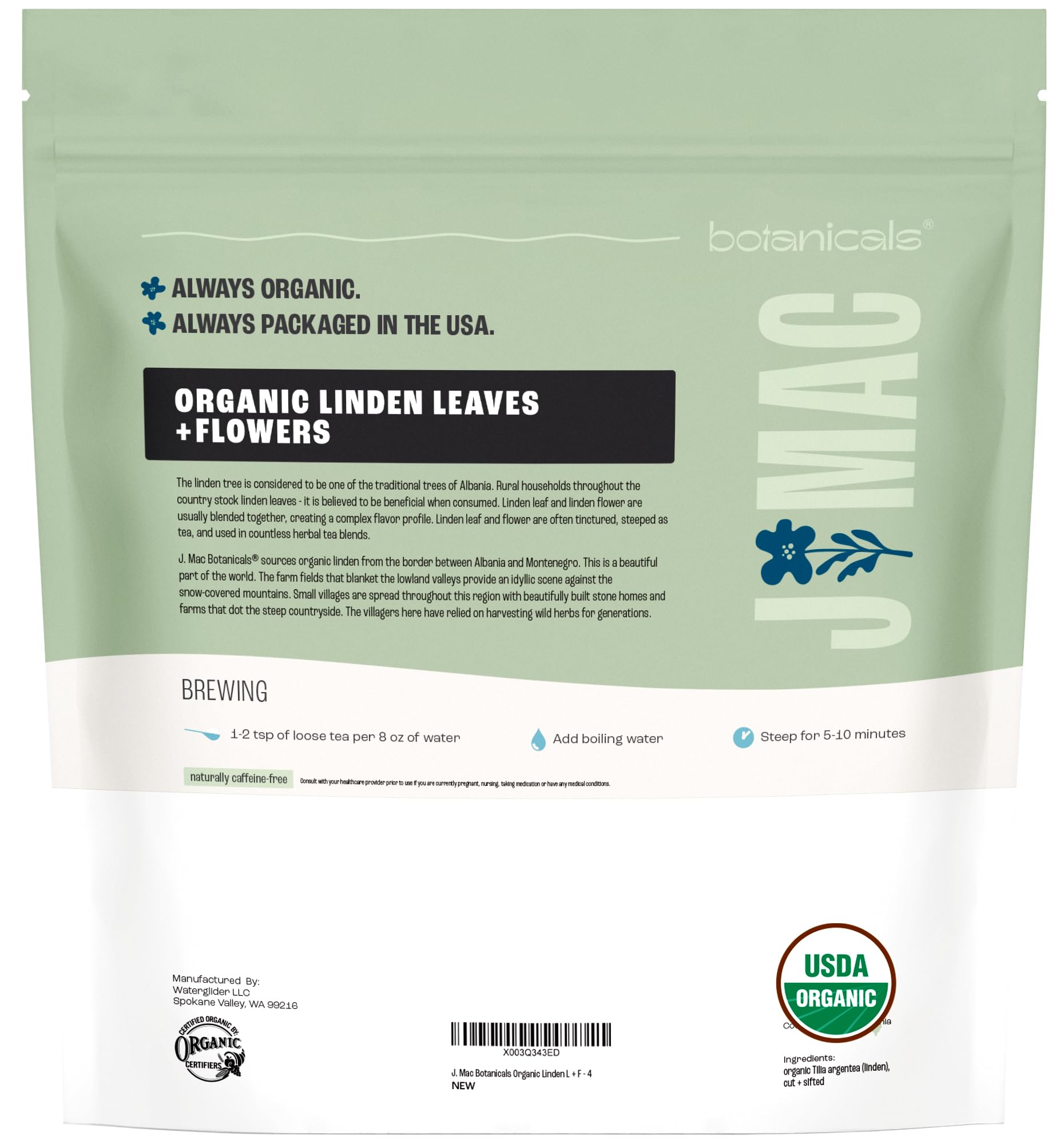J Mac Botanicals, Organic Linden Leaf and Flower, Whole Leaves and Flowers