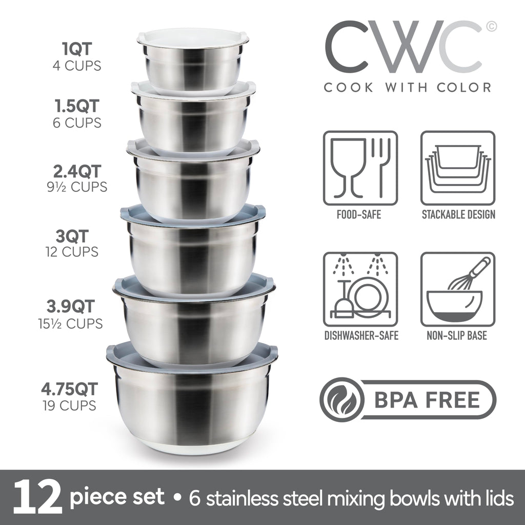 COOK WITH COLOR Stainless Steel Mixing Bowls Set with Lids - Nesting Bowls with Non-Slip Bottom, Grey, 12 Pieces