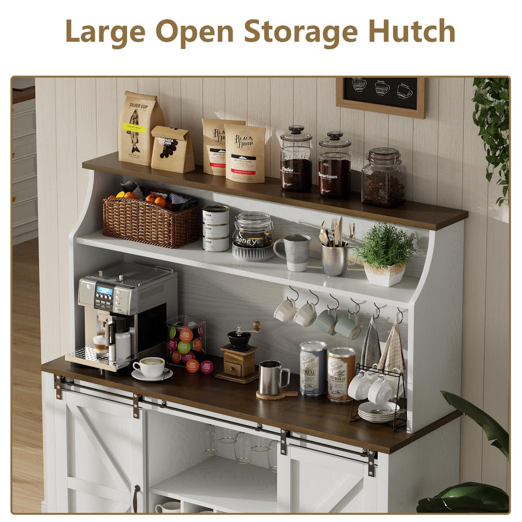 55 Inch Farmhouse Coffee Bar Cabinet with 3-Tier Enclosed Storage Cabinet, Kitchen Hutch with 12 Wine Racks & 3 Glass Holders, Coffee Bar with 6 Hooks, Wood Furniture for Dining Living Room, White