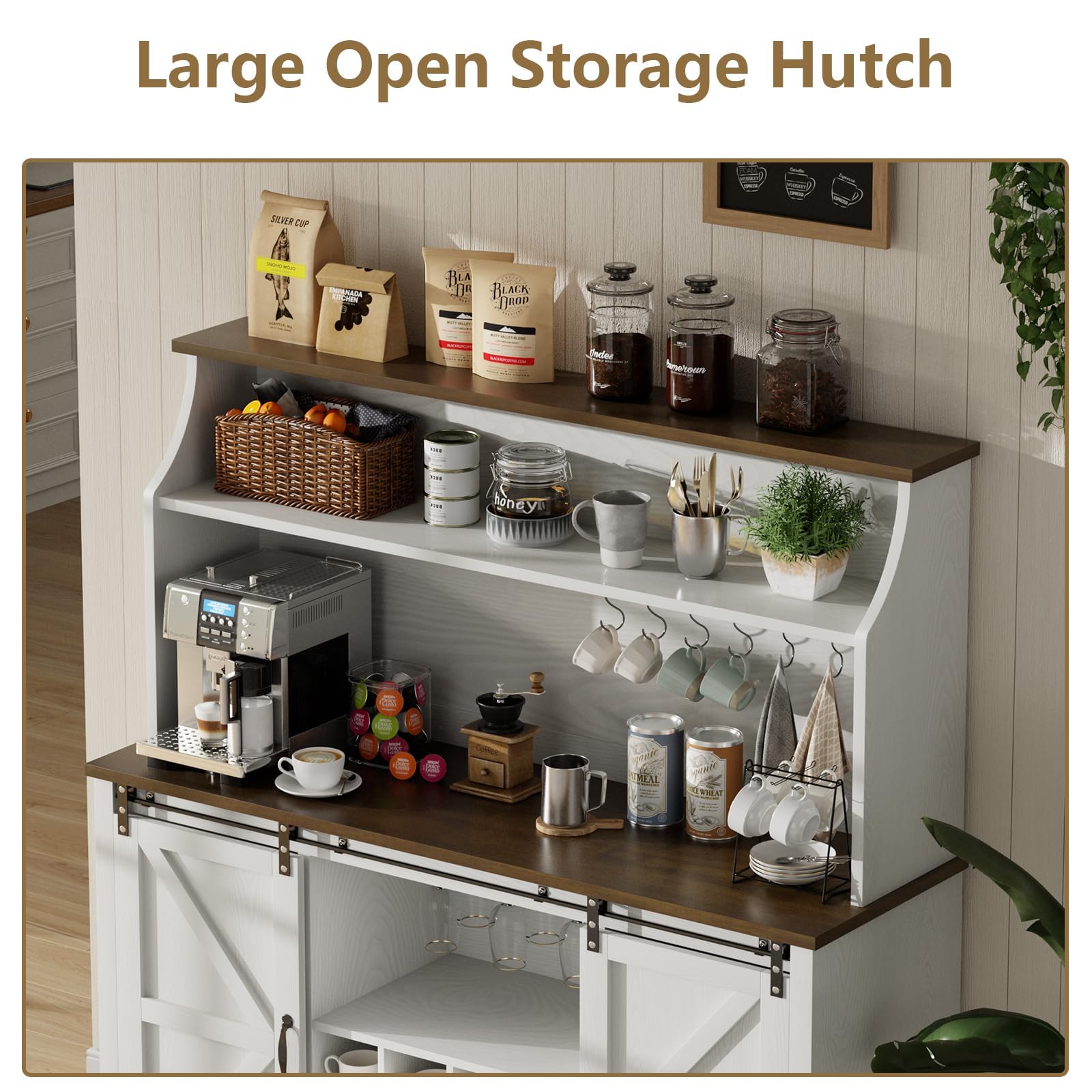 55 Inch Farmhouse Coffee Bar Cabinet with 3-Tier Enclosed Storage Cabinet, Kitchen Hutch with 12 Wine Racks & 3 Glass Holders, Coffee Bar with 6 Hooks, Wood Furniture for Dining Living Room, White