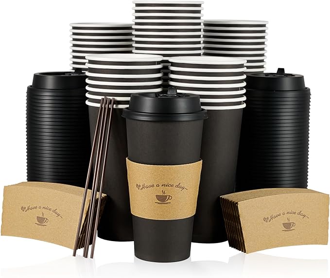 LITOPAK 50 Pack 20 oz Paper Coffee Cups for Hot Chocolate Drinks, Black Disposable Coffee Cups with Lids, Sleeves and Stirring Sticks for Parties, Picnic, Travel, and Events