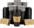 LITOPAK 50 Pack 20 oz Paper Coffee Cups for Hot Chocolate Drinks, Black Disposable Coffee Cups with Lids, Sleeves and Stirring Sticks for Parties, Picnic, Travel, and Events