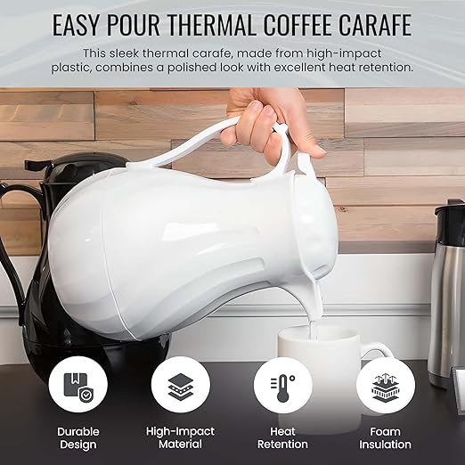 OCS Parts Easy Pour Thermal Coffee Carafe | 11-Inch Insulated Hot and Cold Beverage Pitcher Server for Coffee, Tea, Hot Chocolate and Water with Colored Tags for Easy Idenfication | 64-Ounce | White