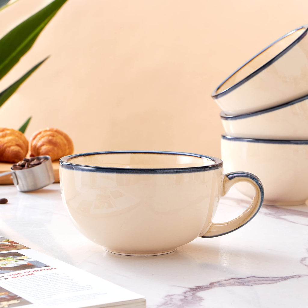 Coffeezone Set of 6 Cups Vintage Design 12 oz Professional Barista Ceramic Latte Art Cappuccino Cups Set (Beige * 6)