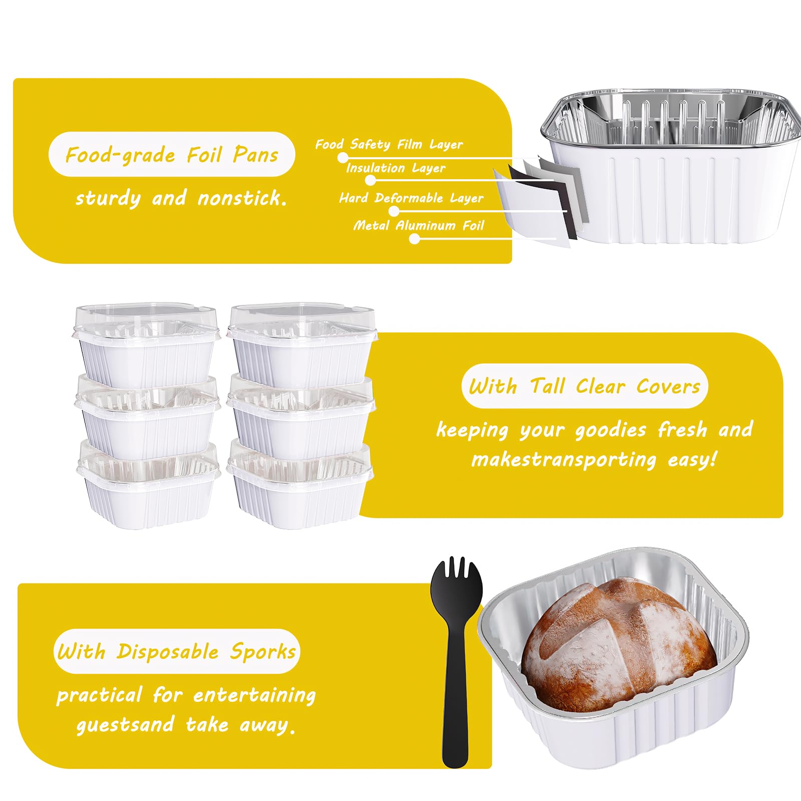 Ksmxos 25 Pack Square Mini Cake Pans with Lids,Mini Loaf Pans with Lids,Aluminum Foil Baking Cups,Disposable Ramekins Cupcake Cups,Dessert Cups for Wedding Birthday Party Picnics,5oz (White)