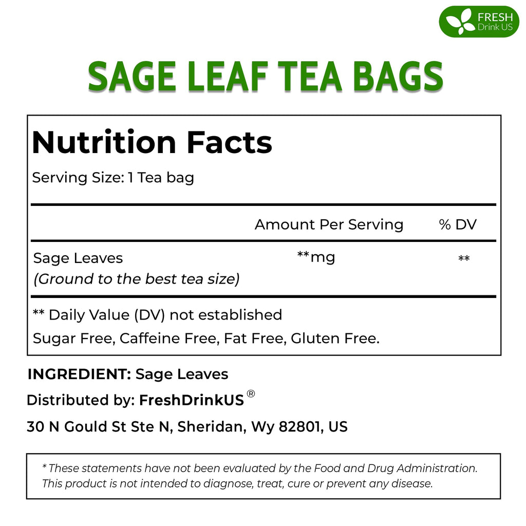 FreshDrinkUS, Premium 35 Sage Leaf Tea Bags, 100% Natural & Pure. Loose Leaf Herbal Tea. Made with Eco-Conscious Tea Bags. No Sugar, No Caffeine, No Gluten, Vegan.