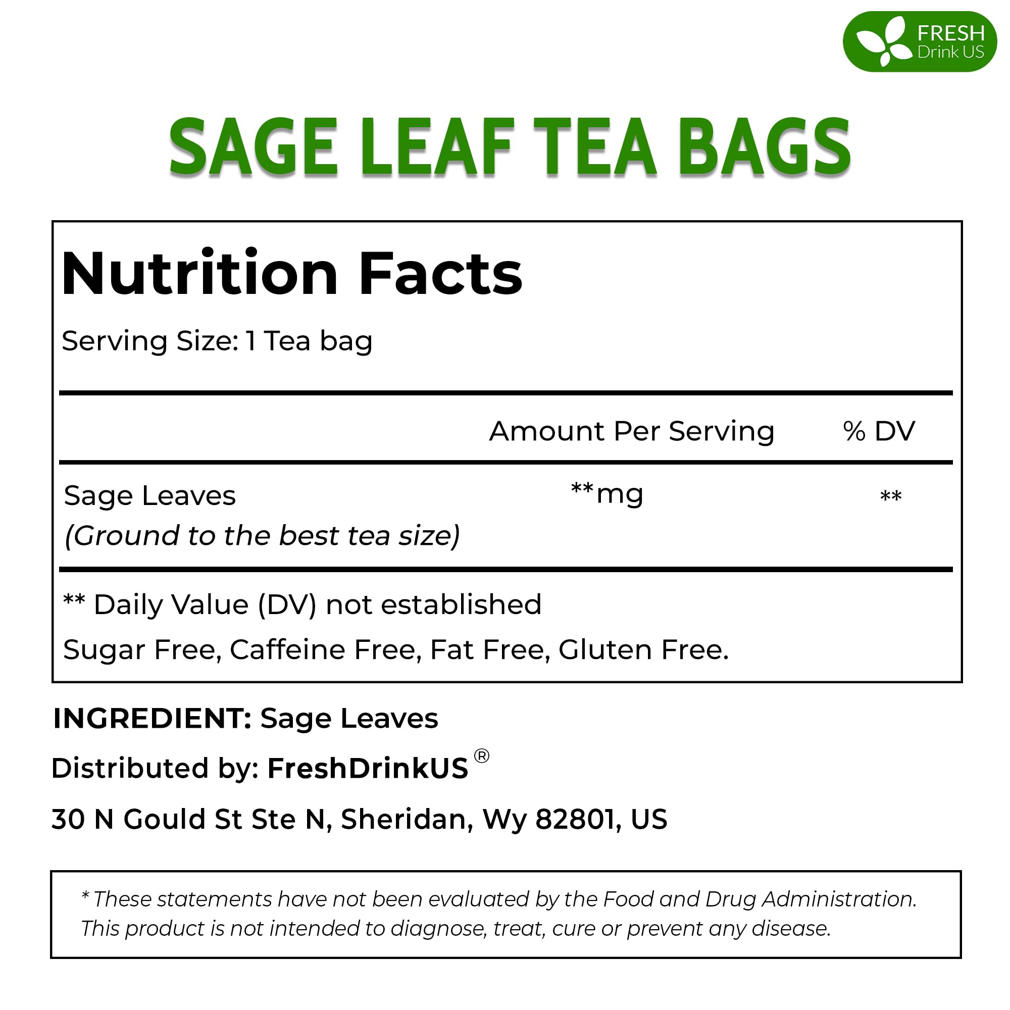 FreshDrinkUS, Premium 35 Sage Leaf Tea Bags, 100% Natural & Pure. Loose Leaf Herbal Tea. Made with Eco-Conscious Tea Bags. No Sugar, No Caffeine, No Gluten, Vegan.