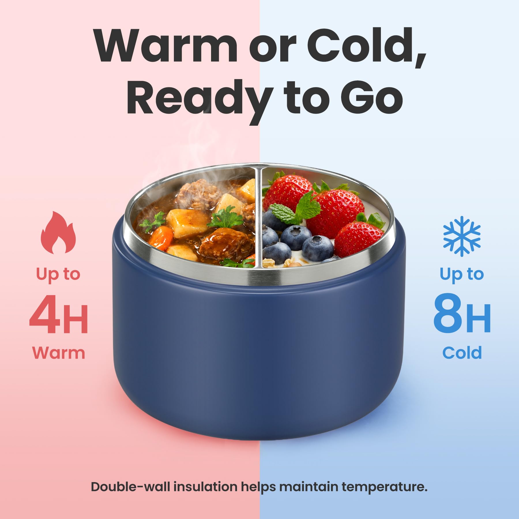 Pawtong 12oz Insulated Vacuum Food Jar with Buckle Lid Wide Mouth Soup Thermo for Hot Food Kids Leakproof Stainless Steel Lunch Container- Blue 1 Pack