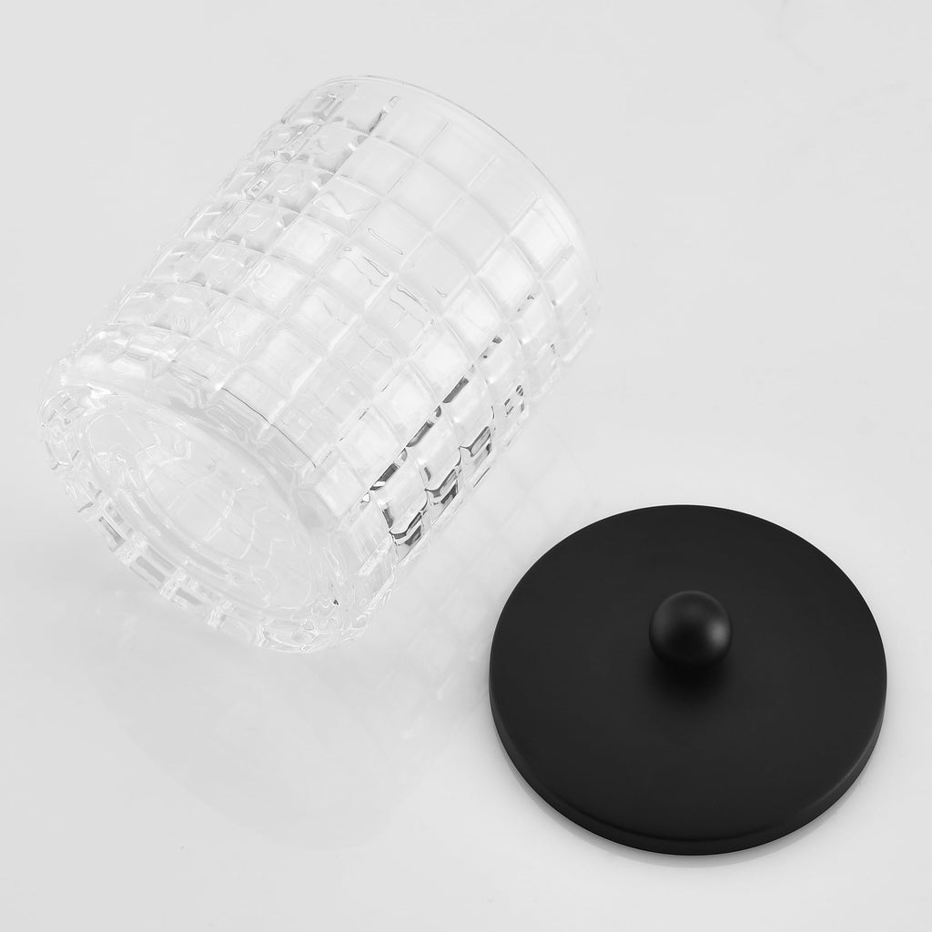 Indecor Home Glass Cotton Jar Holder Matte Black Lid, Elegant Bathroom Storage Canister for Qtips, Cotton Balls, Floss, Makeup Organizer, Vanity Bathroom Organization