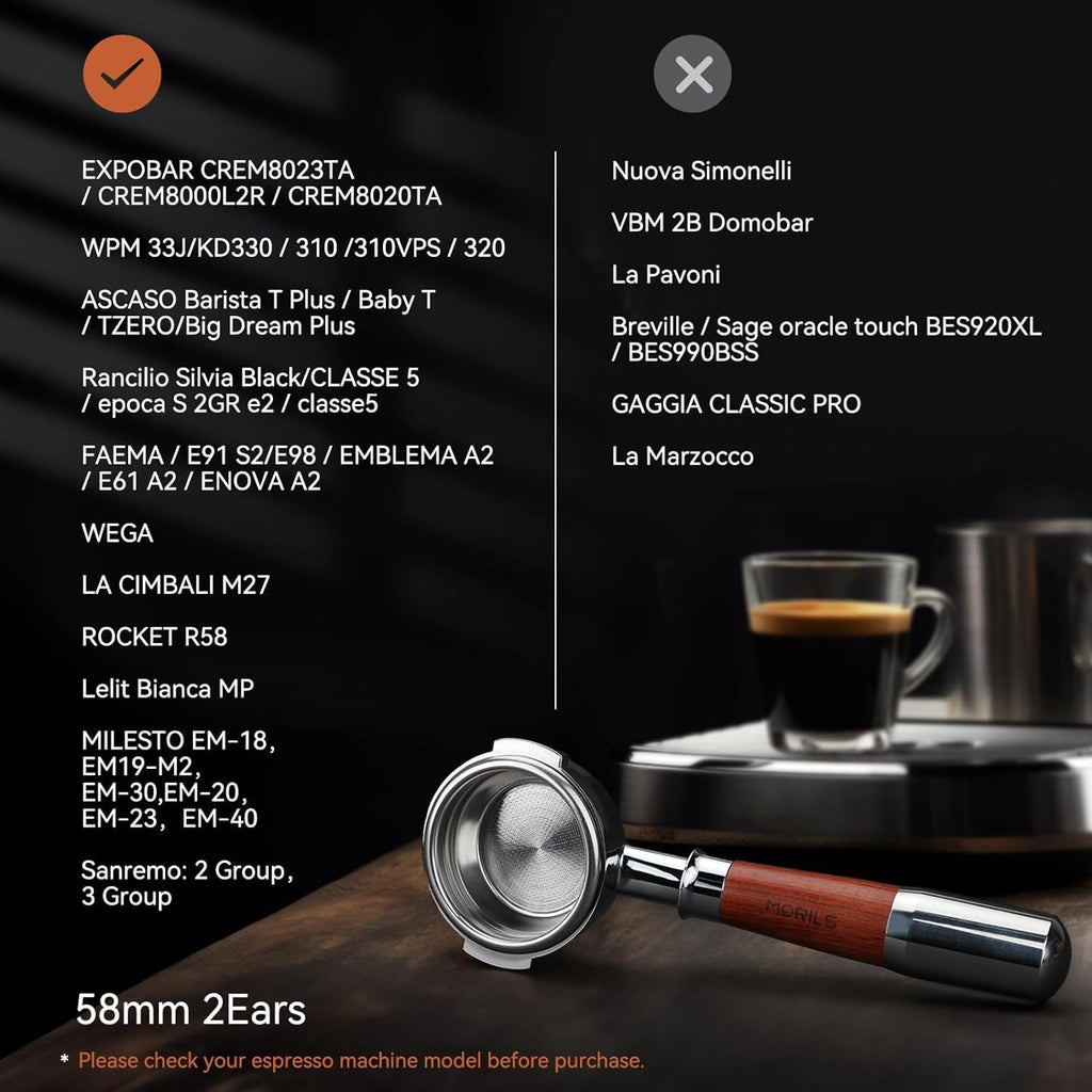 MORILS Bottomless Portafilter 58mm with Double Shot Filter Basket & Premium Walnutwood Handle, Portafilter with Puck Screen Compatible with All Breville 58mm Machines, Espresso Accessories, Silver