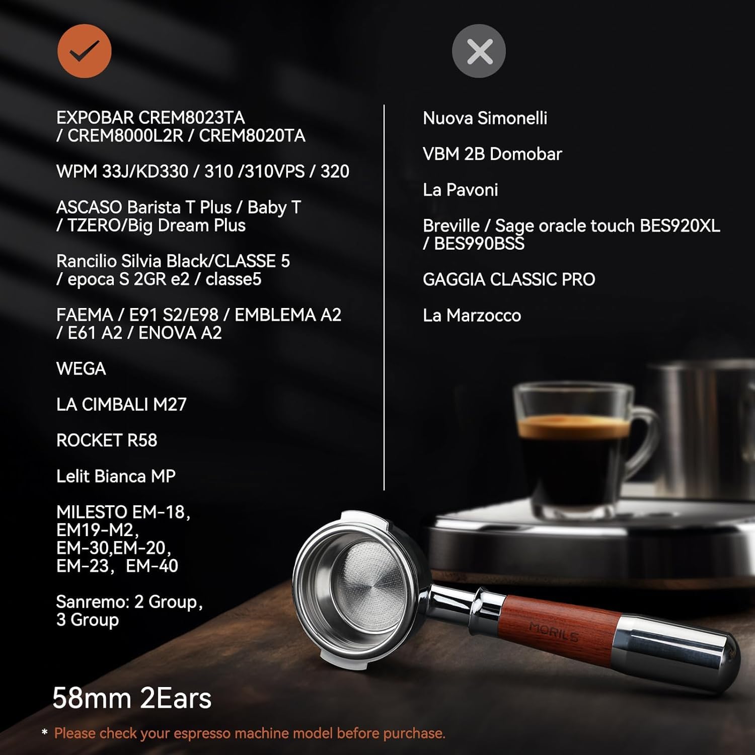 MORILS Bottomless Portafilter 58mm with Double Shot Filter Basket & Premium Walnutwood Handle, Portafilter with Puck Screen Compatible with All Breville 58mm Machines, Espresso Accessories, Silver
