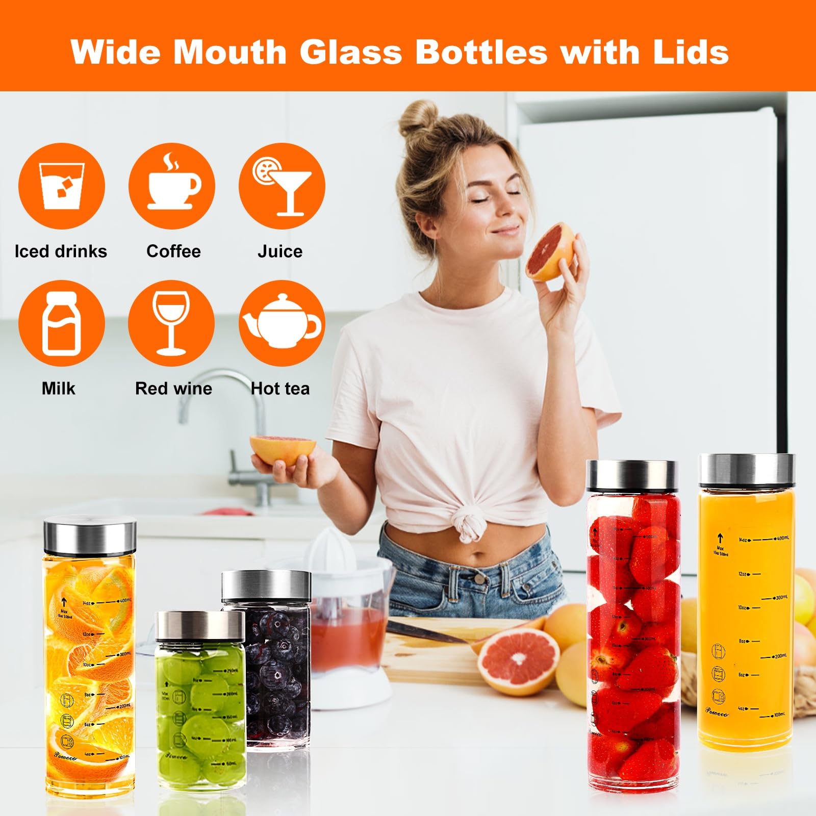 poweco Glass Juice Bottles 4 Pack 12 oz - Wide Mouth Glass Water Bottles with Lids - for Juicing, Protein, Smoothie, Milk, Reusable, BPA Free, Stainless Steel Lids, Blender, Shaker Bottle [400ml]