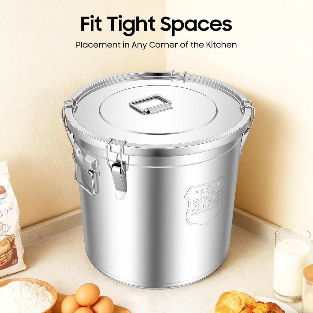 PERFERATE 304 Stainless Steel Airtight Canister 6L/12L Food Storage Bucket with Lids and Sturdy Locking Clamp Metal Cereal Rice Storage Container for Flour, Coffee Bean, Sugar, Cookie (48L)