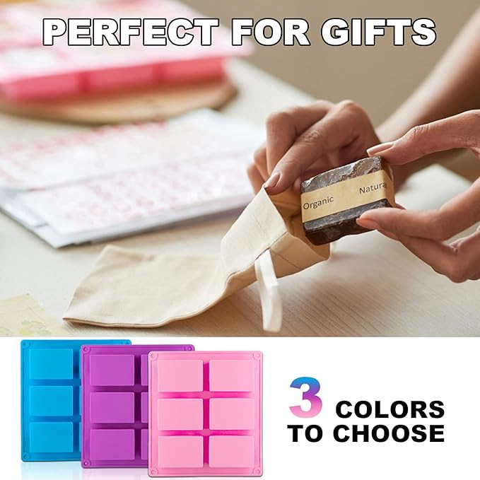 3 Pack Silicone Soap Molds, 6 Cavities Rectangle Silicone Mold, Great for Homemade Craft Soap Mold, Chocolate, Cake Molds ＆ Ice Cube Tray - Just Pop Out（Pink & Blue & Purple）