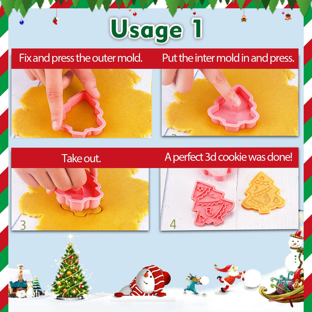 3D Holiday Cookie Cutters, Christmas Cookie Stamps Molds for Baking