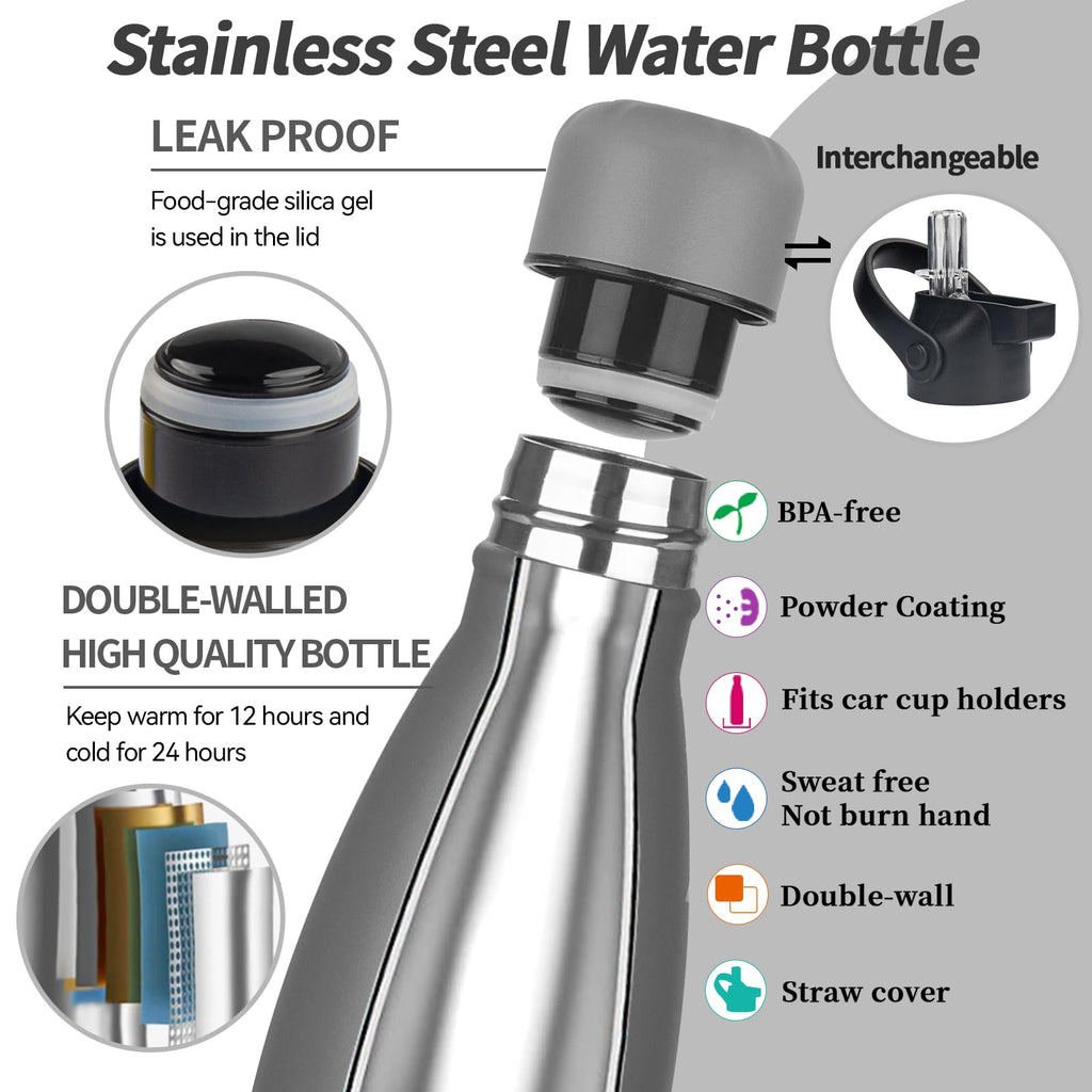 Insulated Water Bottle,17oz Stainless Steel Water Bottles with straw lid,Metal Sports Thermos Water Bottles for Boys,Girls,Double Wall Vacuum BPA-Free Flask for School, Sports (Grey)