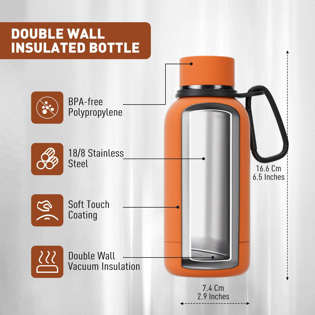 Exllena Small Water Bottle 12oz with Clip, Double Wall Stainless Steel Vacuum Small Insulated Water Bottle Keeps Drinks Cold 24 Hrs/Hot 12 Hrs for Kids Handbag School BPA Free (Bright Orange)
