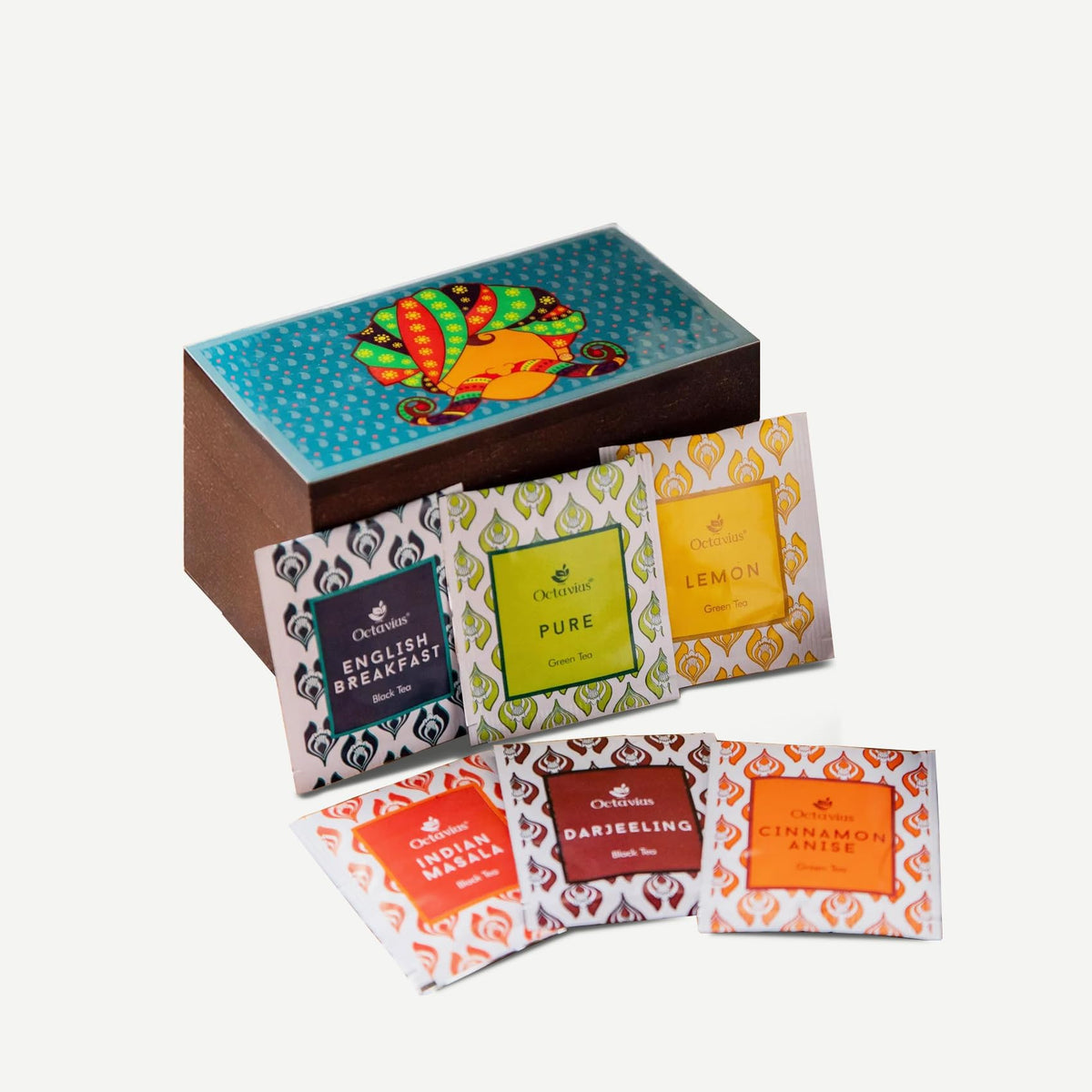 Octavius - Assorted Tea Variety Pack in Tile Motif Design Wooden Box | 6 Flavors, 60 Tea Bags | Black & Green Tea | Tea Gifts for Women & Men