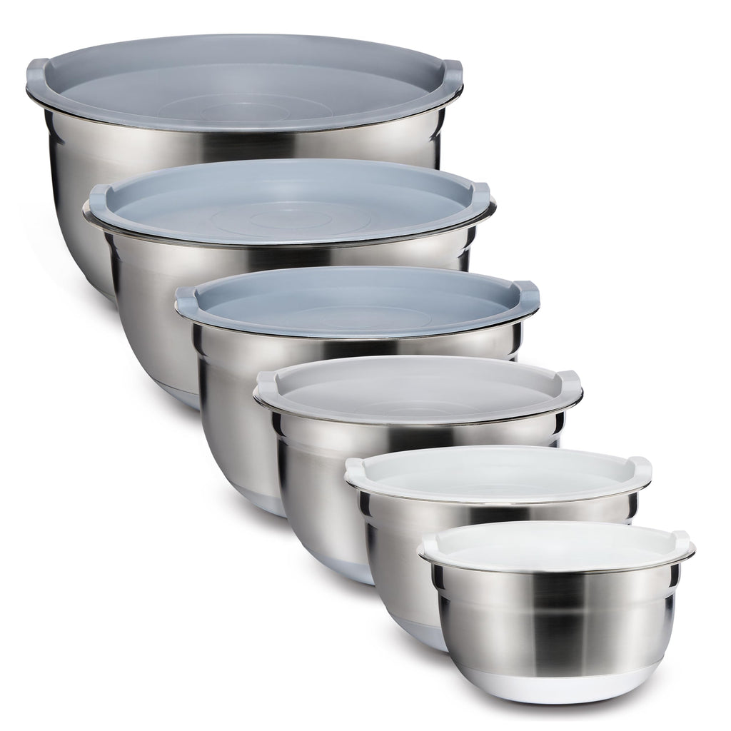 COOK WITH COLOR Stainless Steel Mixing Bowls Set with Lids - Nesting Bowls with Non-Slip Bottom, Grey, 12 Pieces
