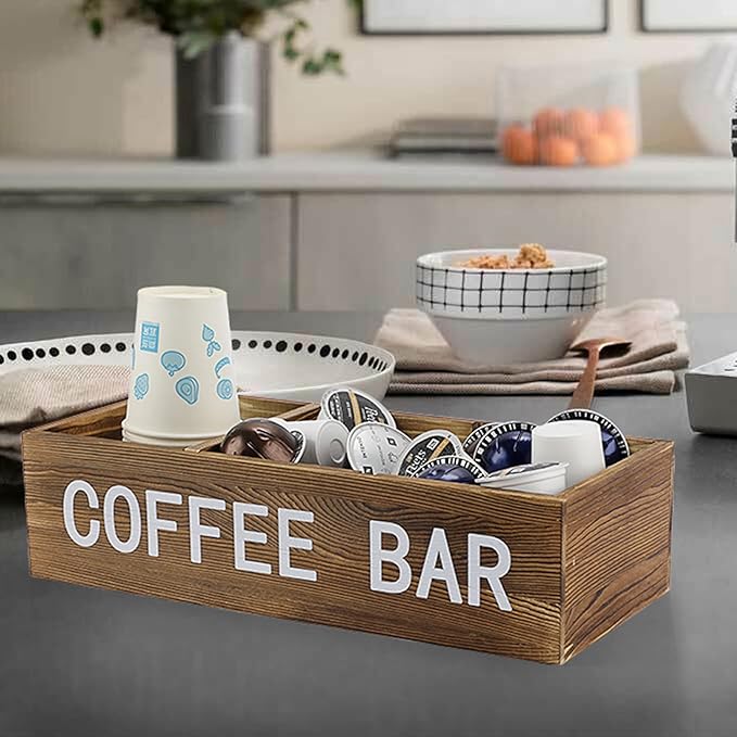ELLDOO Coffee Pod Holder Storage, Coffee Bar Wooden Storage Box with Removable Grids, Coffee Station Organizer for K Cup, Rustic Coffee Accessories for Counter Home Decor, Vintage Wood
