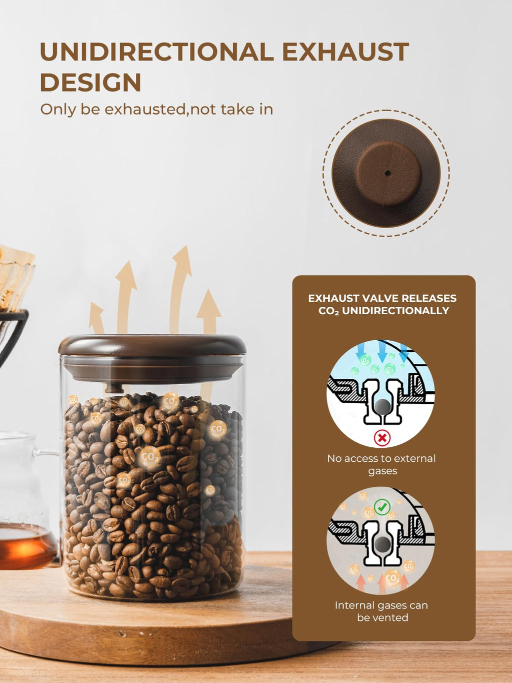 7 oz Coffee Canister, Clear Glass Jar with Airtight Pop Lid and CO₂ Valve