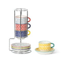 Selamica Ceramic Espresso Cups with Saucers and Metal Stand, 2.5 OZ Stackable Demitasse Cups for Espresso Latte Café Mocha, Set of 4, Assorted Colors