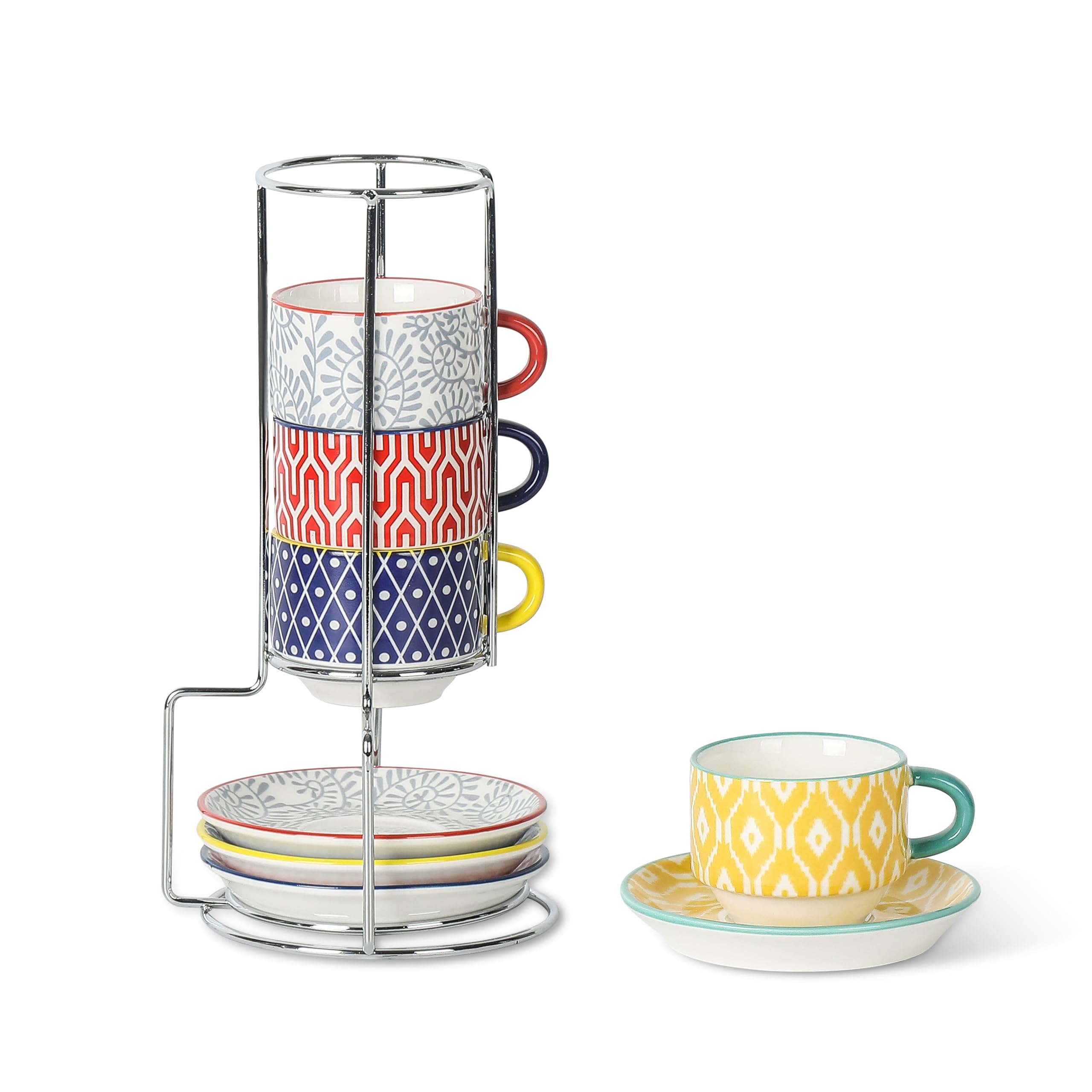 Selamica Ceramic Espresso Cups with Saucers and Metal Stand, 2.5 OZ Stackable Demitasse Cups for Espresso Latte Café Mocha, Set of 4, Assorted Colors